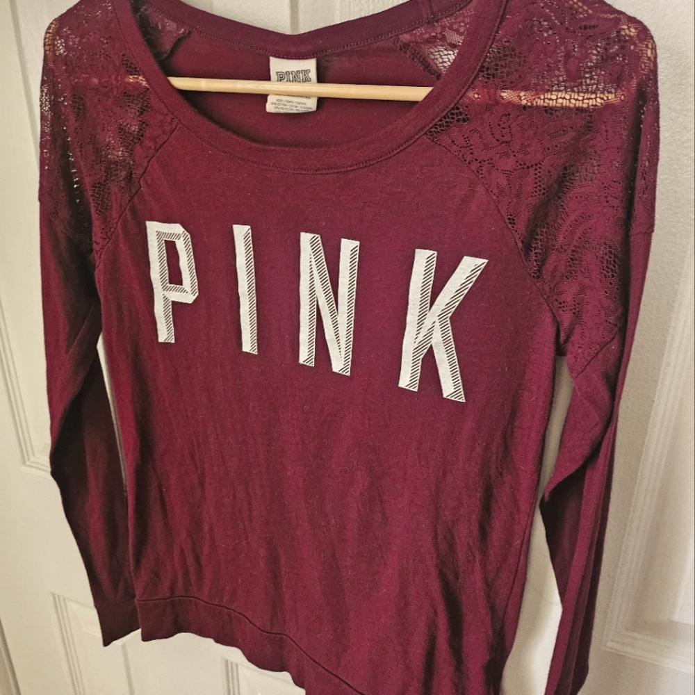 PINK Maroon Lace Sleeve Sweatshirt